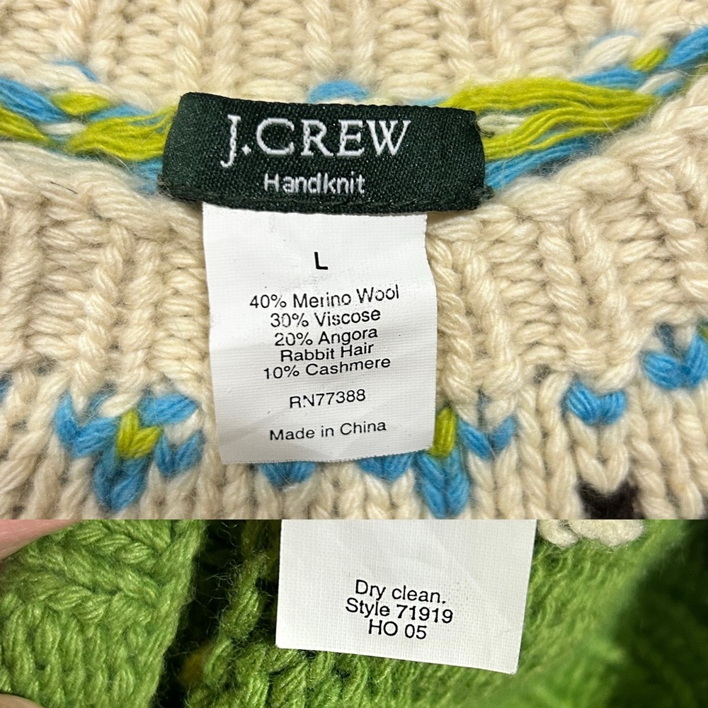 J. Crew Hand knit Fair Isle Crew Neck Sweater Angora Cashmere Wool Blend Green L - Picture 5 of 9